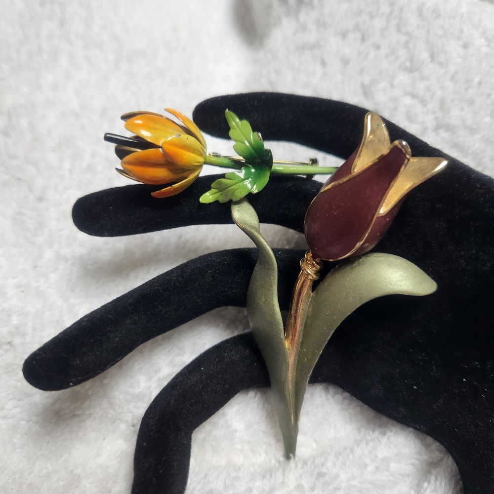 Vintage Made Austria Enamel Tulip Flower Brooch Lot Yellow Burgundy Floral‎ Pins